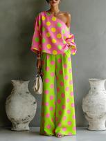Women 2 Piece Set One Shoulder Polka Dot Top and Wide Leg Pants Color Block Loose Fit Summer Outfit S įvairiaspalvis