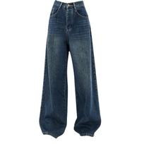 Women Wide Leg Denim Pant Vintage Baggy Jeans Oversized Long Trouser Streetwear Straight Basic Daily XXXXL tamsiai mėlyna spalva