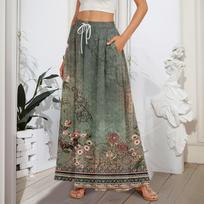 Moteriški laisvai krintantys platėjantys raukiniais apačia A linijos maksi sijonai elastingu juosmeniu elegantiški daugiasluoksniai boho ilgi sijonai L armijos žalia spalva