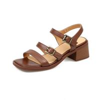 Vasaros moteriški sandalai iš skeltos odos, moteriški batai atviru priekiu, storu kulnu, retro, glaustų linijų, aukštakulniai sandalai, dirželiai 34 ruda