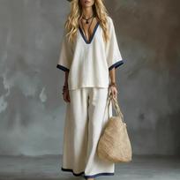 Women's Two Piece Set V Neck Wide Leg Pants with Contrast Trim S