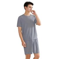 2Pcs/Set Men Pajamas Set O-Neck Short Sleeve T-shirt Elastic Waist Shorts Set Solid L mėlyna