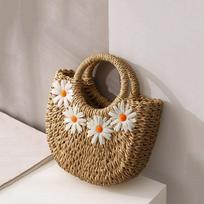 Madingi rankomis pinti šiaudiniai paplūdimio krepšiai moterims, rankų darbo mėnulio formos krepšys per petį, bohemiški kelioniniai crossbody krepšiai 20x7x19cm brown