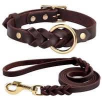 Soft Real Leather Dog Collar and Leash Set Adjustable Braided Dogs Collars 150cm Lead Rope for Medium Large Dogs German Shepherd M ruda