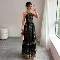 Women's Ethnic Style Black Halter Long Sling Dress for Summer Holiday Extra Large