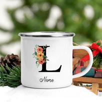 Personalizuotas emalinis puodelis su vardu, individualus gėlių raidės raidyno puodelis, su rankena stovyklavimui, kavos, arbatos, pieno puodeliai, šventinės gimtadienio dovanos 8CM