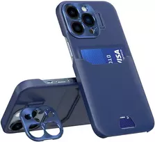 Hurtel Dėklas iPhone 14 Pro su kortelės kišene ir stovu – mėlynas