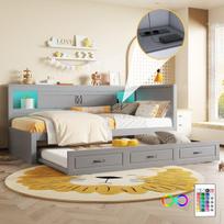 Sulankstoma sofa Daybett 90x200 cm su LED, stalčius, ištraukiama lova, USB, pilka