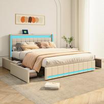 Dvigulė lova 140x190 cm, 4 stalčiai, LED apšvietimas ir USB įkrovimas, minkšta ir moderni, „Linen Frabic“ spalva, smėlio spalvos, čiužinys neįskaičiuotas