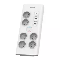 PHILIPS Surge-protected power strip, extension cord, 6 sockets + 6x USB-A + 1x USB-C, 2m, 16A, white
