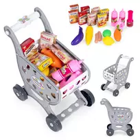 Gray children's shopping cart for supermarket or kitchen play + 18 accessories