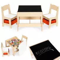 ECOTOYS Vaikiškų baldų komplektas su kreidine lenta, staliukas ir 2 kėdutės