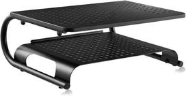 Monitoriaus stovas su 2 lentynomis – ergonominis kompiuterio staliukas, juodas