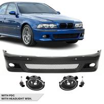 Priekinis M bamperis skirtas BMW E39, su PDC ir žibintų apiplovimų angomis, su skaidriais priešrūkiniais