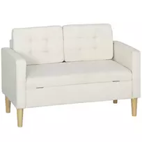 HOMCOM Dviejų vietų sofa su daiktadėže, sagčių apdaila, pagalvėlėmis, kaučiuko mediena, 117x62x78cm, kreminės baltos spalvos