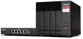 Serveris QNAP TS-473A + QSW-1105-5T Bundle Pack NAS Tower Ryzen Embedded V1500B 8GB DDR4 0 TB QNAP Turbo System Juodas