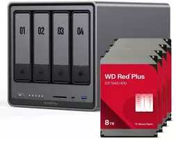 Serveris „UGREEN DXP4800 Plus“ 32 TB „WD Raudona Plus“ NAS rinkinys, NAS su 4 x 8 TB „WD Raudona Plus“ 3,5 colio SATA kietaisiais diskais