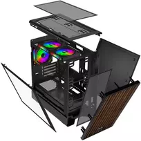 „EVOLVEO Panthera“, mATX korpusas, 3x ARGB 120 mm ventiliatoriai, medinis priekinis skydelis + stiklinis šoninis skydelis