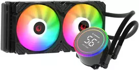 Rampage HELIOS C15 skysčiu aušinamas procesoriaus 12 cm aušintuvas su temperatūros rodmeniu. ARGB 240 mm. Intel LGA1700 / AMD AM5