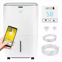 Secco Oro sausintuvas su integruotu siurbliu iki 150 m², 60 L per dieną, Wi-Fi valdymas, „trys viename“ džiovinimas ir oro gryninimas, automatinis oro sausintuvas, drėgmės reguliatorius, buitinis drėgmės surinkėjas