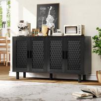 Juoda 140 cm sideboard spintelė su 4 durimis, rotango imitacija, moderni svetainės laikymo spintelė