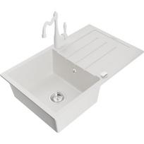 Mexen Bruno granito plautuvė 1 kamerų su lašinimo lenta ir Carla virtuvės maišytuvu, balta - 6513-20-670700-20, 795x495x200 mm