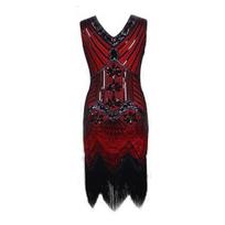 Moteriška Gatsby stiliaus suknelė Saitdress, raudona/juoda, suknelė su blizgučiais ir kutais 1920-ųjų stiliumi