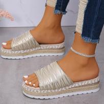 2024 Summer Style Hemp Rope Braided Thick-soled Wedge-heeled Slippers for Women Large Size One-line Sandals for Women 36 smėlis