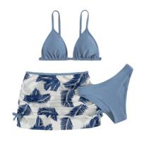 Mergaičių maudymosi kostiumėlis 3 dalių rinkinys su lapų raštu bikini viršus kelnaitės sijonas maudymosi drabužiai greitai džiūstantis maudymosi kostiumėlis paplūdimiui baseinui 150CM mėlyna
