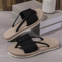 Flat Bottom Clip Toe Straw Herringbone Lightweight Slippers Women's Large Size Casual Sandal Slippers 36 juoda