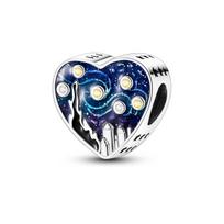 Van Gogh Starry Night 925 Silver Blue Beads Charm DIY Bracelet Jewelry For Women
