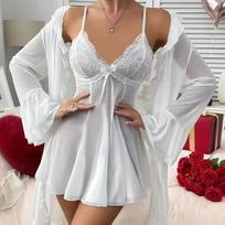 Sexy Lingerie Large-sized 200-pound Overweight Lady's Sexy Pajama Set with Suspenders Sheer Transparent Nightgown and Lace Trim XL balta
