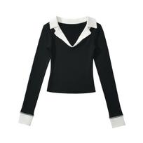 Retro Color Block Fake Two-Piece Slim Fit Shirt Collar Long T-Shirt for Women Large juoda