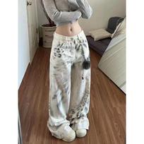 Women's Spring 2026 Leopard Tie-Dye Wide-Leg White Jeans Small black
