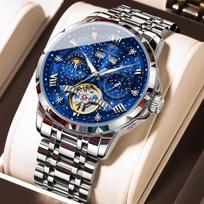 POEDAGAR Originalus Vyriškas Laikrodis Automatinis Mechaninis Nerūdijančio Plieno Laikrodžiai Kalendorius Tuščiaviduris Tourbillon Laikrodis Vyriškas+Dėžutė mėlyna