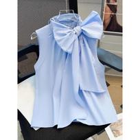 White Blouse Women Blusas Mujer De Moda Bow Sleeveless Loose Shirts Fashion Sweet Summer Blouses S mėlyna