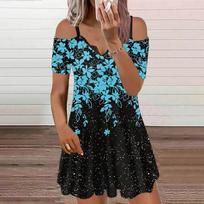 Women's Casual Printing V-neck Lace Sling Skirt Sun Skirt L mėlyna