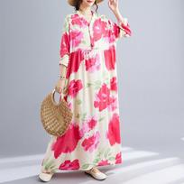 Autumn Literary Plus Casual Loose Print Fungus Lace V-neck Long Sleeved Dress for Women Dresses L