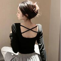 Early Autumn Pure and Horny Style Backless Long-sleeved T-shirt for Women with Tight Short Navel-exposed Chic Design Top M juoda
