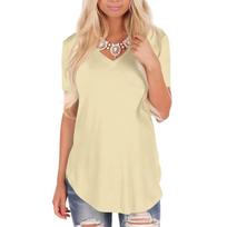 Women's Loose Comfortable Casual And Fashionable V-neck Knitted Solid Color Top Short Sleeved T-shirt L smėlis
