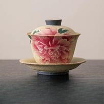 Vintage Flaming Red Porcelain Gaiwan Tea Set with Peony Chinese Style Handmade Ceramic Tea Cup <200ml