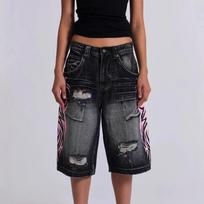 Goth Vintage Print Baggy Jeans Women Street Hip Hop Washing Old High Waisted Jeans Woman Clothing Wide-leg Pants Jean Shorts S