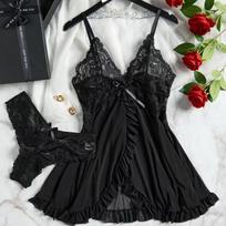 Seksualus dviejų dalių naktinių ir chalato rinkinys, V formos iškirptė, nėriniai, camisole naktiniai, galimas įvairių spalvų, pižama suknelė XL juoda