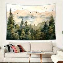 Miško ir kalnų rūkuotas gobelenas vandens spalvos kraštovaizdis Sieninė dekoracija Estetiškas šalavijo žalias dekoras miegamajam ir svetainei 74x94cm(29x37in)