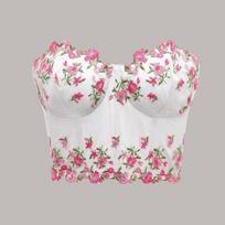 White Floral Embroidered Strapless Corset Top S rožinė