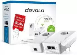 Maršrutizatorius Zebra „devolo Magic 2 WiFi 6 Powerline“ pradinis rinkinys: 1 x „devolo Magic 2 WiFi 6“ adapteris, 1 x „devolo Magic 2 LAN“ adapteris