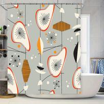 Mid-century modern shower curtain with atomic retro pattern grey geometric design for bathroom decor in orange, black, white mus 90x180cm