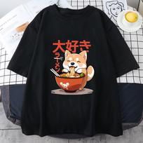 Shiba Inu Enjoying Ramen T-shirts High Quality Summer Tee-shirt Casual Women Men Kawaii Tshirt Cute Girls Shirts XS juoda