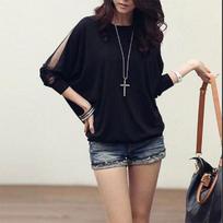 Spring Autumn Round Neck Lace Hollow Out Loose Casual T-shirt Ladies Batwing Long Sleeve All-match Pullover Top Women's Clothing L mėlyna