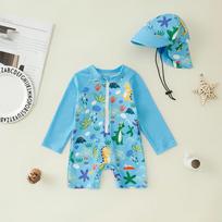 Boys' Full Print One-Piece Swimsuit Baby Boy Half-Placket One-Piece Swimsuit Children's Swimsuit + Hat 100 dangaus mėlyna spalva